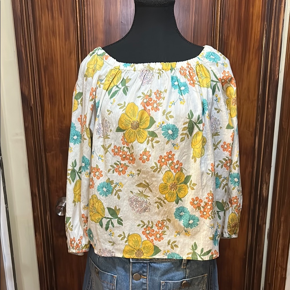 a.n.a White Floral Blouse with Elastic Neckline